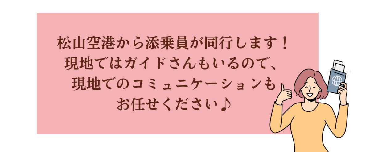 松山空港から添乗員が同行します！現地ではガイドさんもいるので、現地でのコミュニケーションもお任せください♪